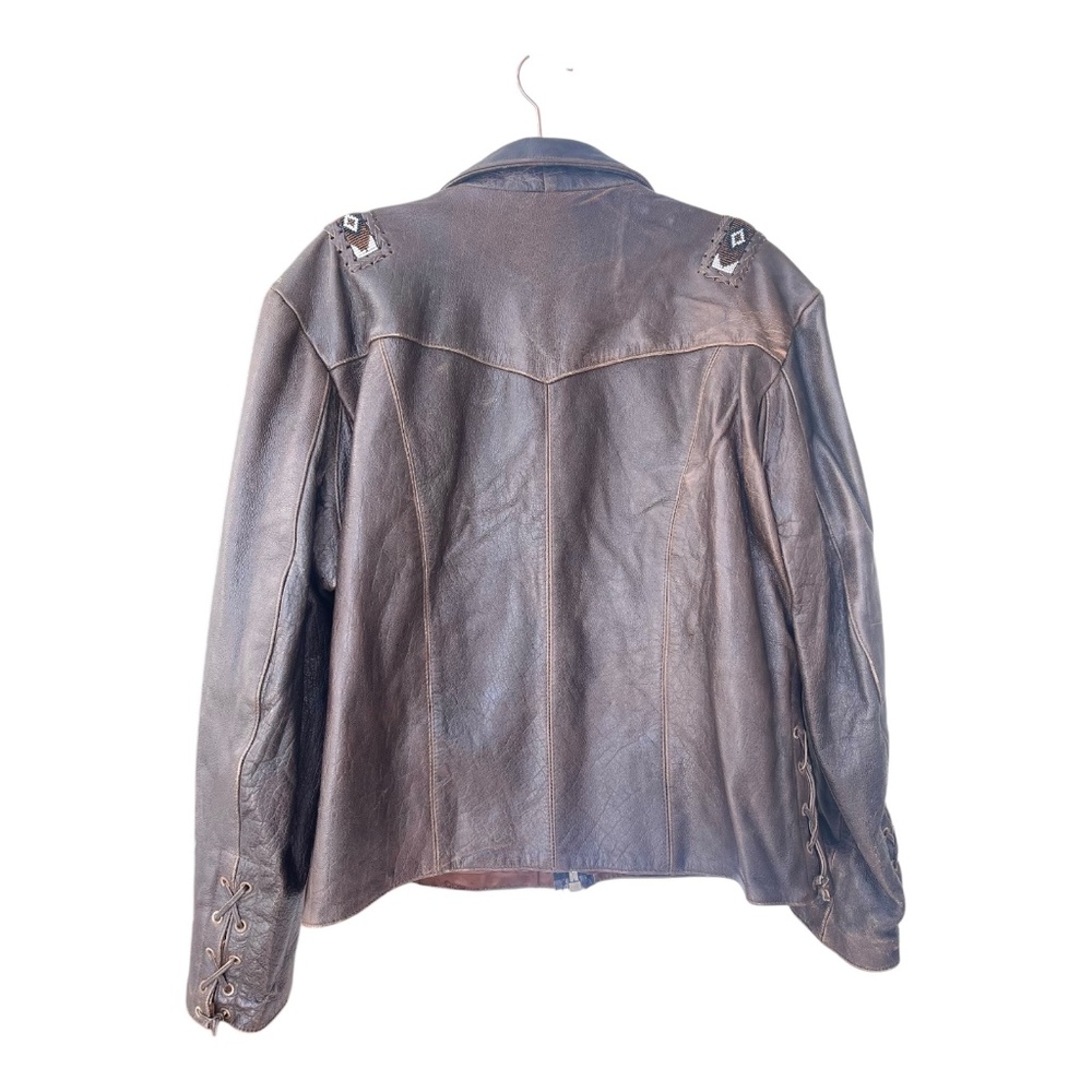Vtg. Men's Leather Gallery Western Native Boho Lace-up Jacket Brown Beaded Rare - Picture 3 of 15